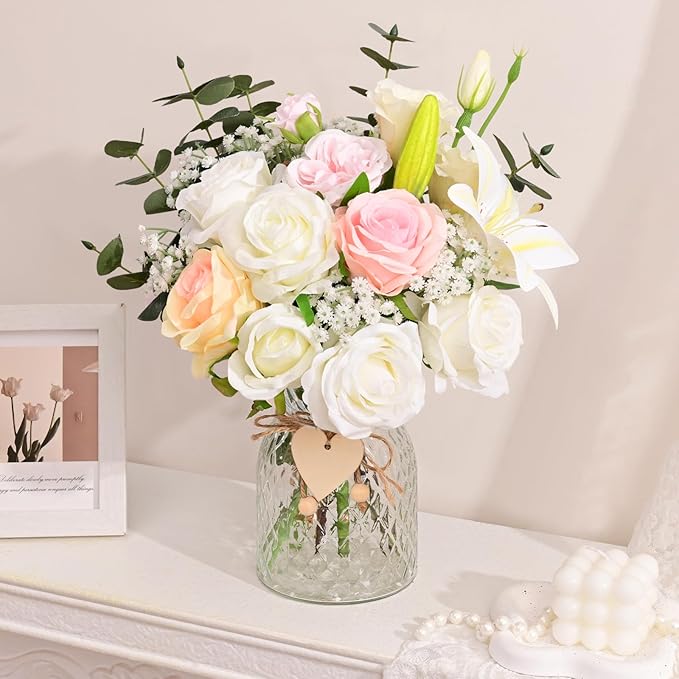 Livole 22Pcs Fake Flowers with Vase Silk White Artificial Flowers in Vase with Light Fake Plant Eucalyptus Flower Arrangement for Table Centerpieces Decor for Living Room Coffee Home Farmhouse