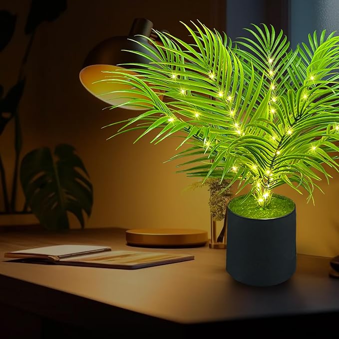 20'' LED Areca Palm Tree Faux Plant with Lights - USB & Battery Box Powered - Artificial Palm Tree for Living Room, Bedroom, Home Decor (Dypsis lutescens)