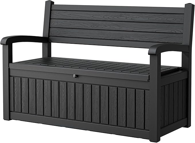 80 Gallon Outdoor Storage Box,Resin Stripes Deck Box Doubles as 2-Person Bench Seat,Waterproof Storage Outdoor Porch Bench for Cushions,Garden Tools and Pool Supplies Black