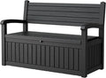 80 Gallon Outdoor Storage Box,Resin Stripes Deck Box Doubles as 2-Person Bench Seat,Waterproof Storage Outdoor Porch Bench for Cushions,Garden Tools and Pool Supplies Black