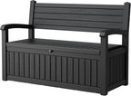 80 Gallon Outdoor Storage Box,Resin Stripes Deck Box Doubles as 2-Person Bench Seat,Waterproof Storage Outdoor Porch Bench for Cushions,Garden Tools and Pool Supplies Black