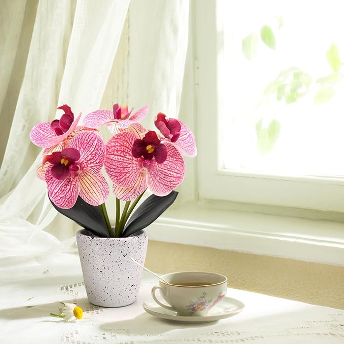 Artificial Orchid Flower Potted Plants Real Touch Small Fake Phalaenopsis Moth Decoration for Home Office Table Centerpiece Desk Shelf