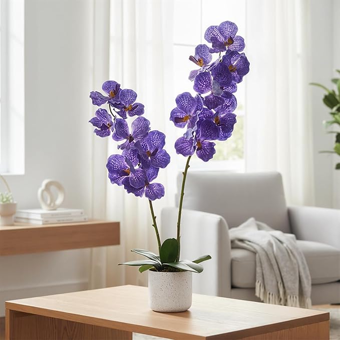 31" Artificial Orchid Flowers in White Planter, Realistic Faux Purple Plants with 14 Bloomings, Faux Phalaenopsis for Bathroom Kitchen Home Office Living Room Decor