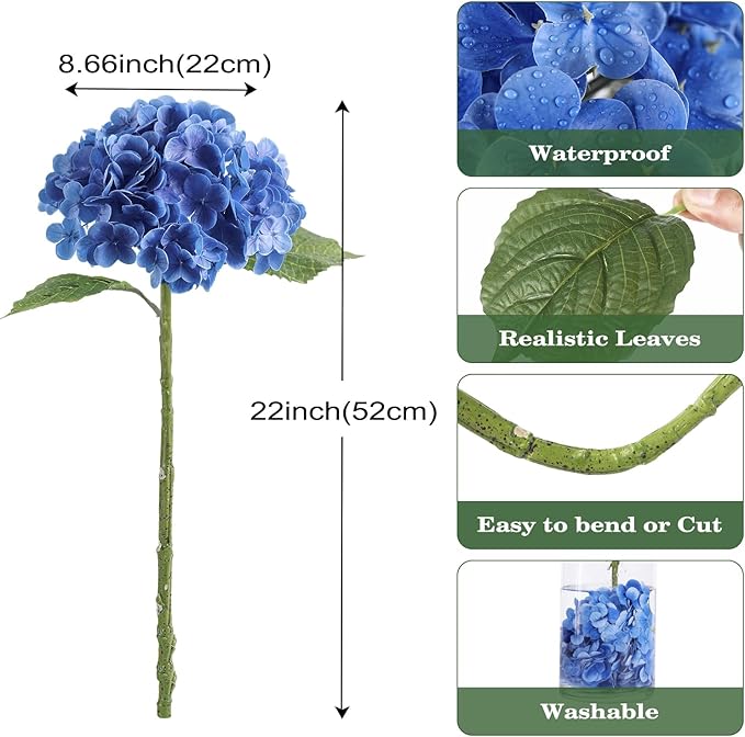 Coferset Deep Blue Hydrangea Artificial Flowers 3pcs Lifelike Faux Hydrangea Real Touch Fake Flowers for Home Wedding Christmas Office Party Living Room Decoration,22inch