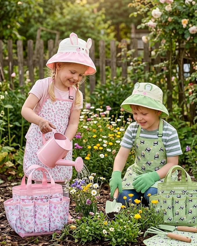 Kids Gardening Tool Set Toys - 8 Pieces Quality Garden Kit for Toddlers & Kids with Shovels, Rake, Watering Can, Hat, Apron, Gloves & Storage Bag (Pink Flower)