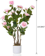 2.5FT Artificial Camellia Tree, Faux Camellia Plant with White Planter and 16 Pink Flowers, 30" Fake Potted Flower Trees for Home and Office Decor, Pink