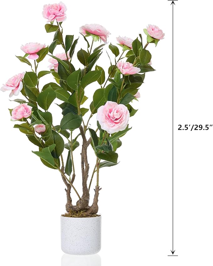 Garvee 2.5FT Artificial Camellia Tree 2 Pack, Faux Camellia Plant with White Planter and 16 Pink Flowers, 30" Fake Potted Flower Trees for Home and Office Decor, Pink