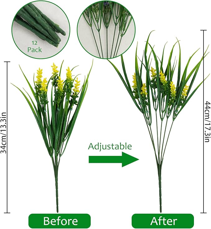 obbsie 12 Bundles Artificial Plants Outdoor, 18.2" UV Resistant Faux Monkey Grass Greenery Stems No Fade Faux Plastic Flowers Shrubs for Home Weddings Garden Porch Front Patio Office Decor - Yellow