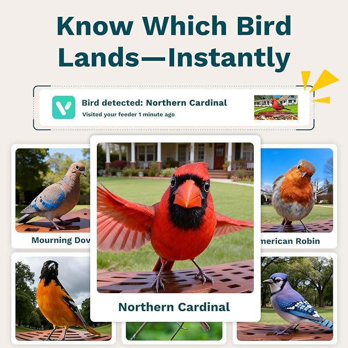 Smart Bird Feeder with Camera Solar Powered AI Identification 10,000+ Bird 2K UHD Video Live Instant Arrival Alerts and Real-Time Motion Detection Weatherproof Bamboo for Outdoor Birds Lovers