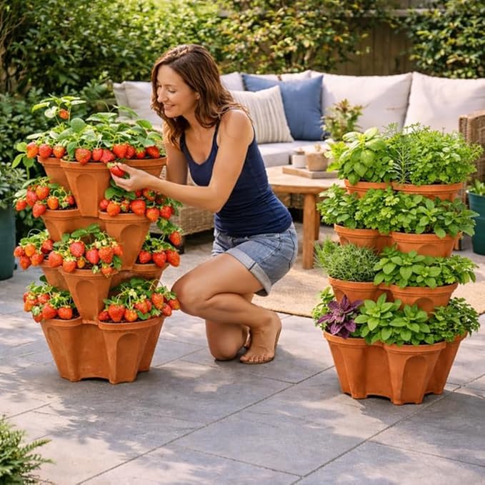 Vertical Garden Planter 4 Tier Stackable System 16 Plants, Space Saving Herb, Strawberry & Food Crop Planter with Center Support Hole for Indoor Outdoor Gardening (4, Terracotta, Large)