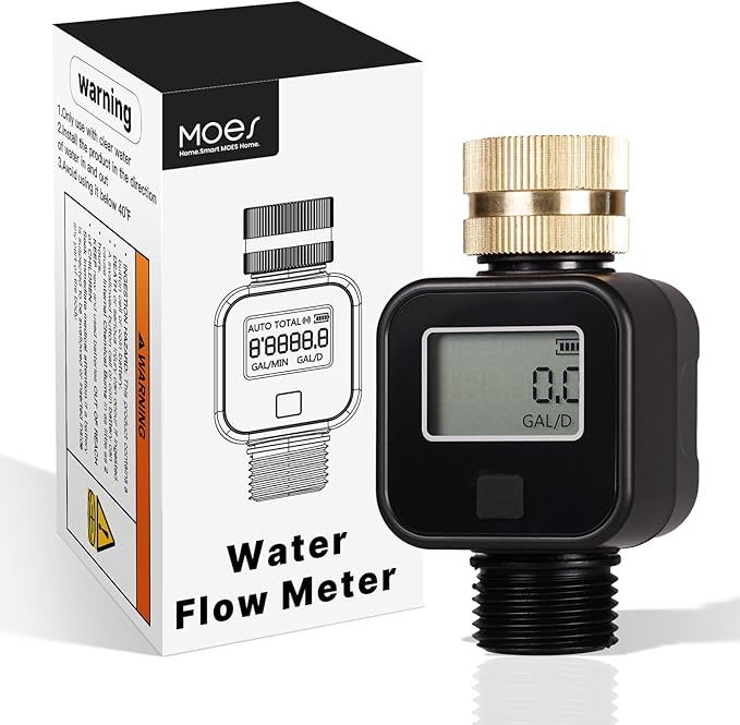 MOES Water Flow Meter with Brass Inlet Metal Thread, Measure Gallon/Liter Consumption and Flow Rate for RV Water Tank Filling, Outdoor Garden Hose Watering, Lawn Sprinkler and Nozzle Sprayer