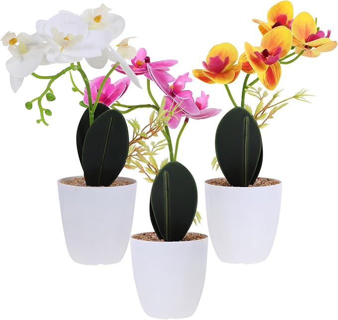 3pcs Artificial Bonsai Orchid Faux Potted Plants in Deep Purple, Pale Green, and Yellow – Realistic 3D Printed Desktop Flower Decorations for Living Room and Office Home Décor