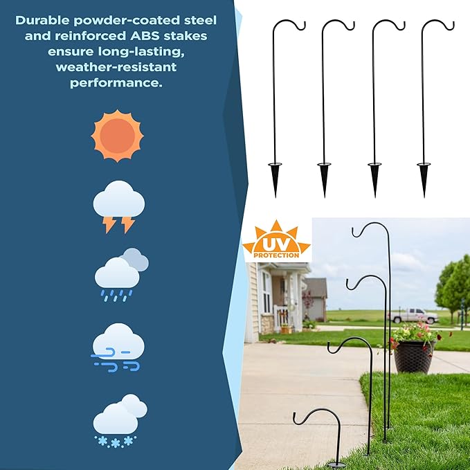 Shepherds Hooks for Outdoor - Set of 4 Adjustable Garden Poles for Bird Feeders, Solar Lanterns, Wind Chimes, Hanging Plants - Shepards Hook Ground Stakes For Perfect Outdoor Landscape Decorations