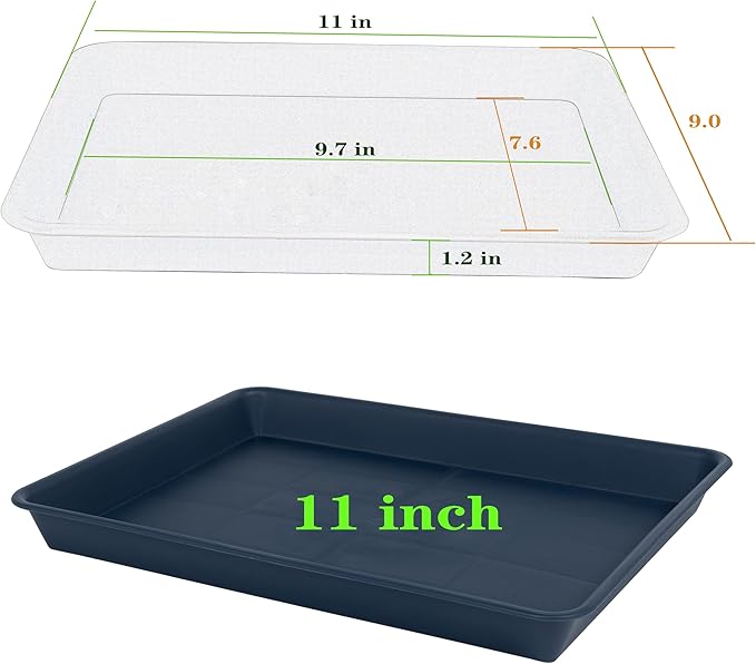 VUWEZ 4 Pack Plant Saucer Tray Rectangular, Plant Saucers for Indoors, Heavy Sturdy Plastic Plant Drainage Trays, Plant Drip Trays for Pots, Seed Starter Growing Tray (11 x 9 inch, Blue)