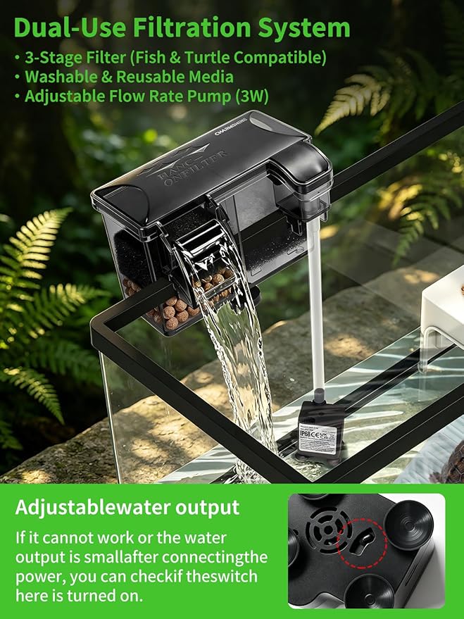 15.7in Turtle Tank Starter Kit with Basking Platform, Hang-on-Back Tank Filter, Adjustable Flow Pump & 360° Timer Basking Light, Bottom Drainage Reptile Aquarium for Small Turtles Aquatic Pets