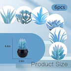GREENTIME 6 Pcs Blue Artificial Succulent Plants in Mini Black Plastic Pots Small Fake Succulent Plant Faux Indoor Decor Bedroom Desk Bathroom Office Living Room Table Shelf Home Decoration