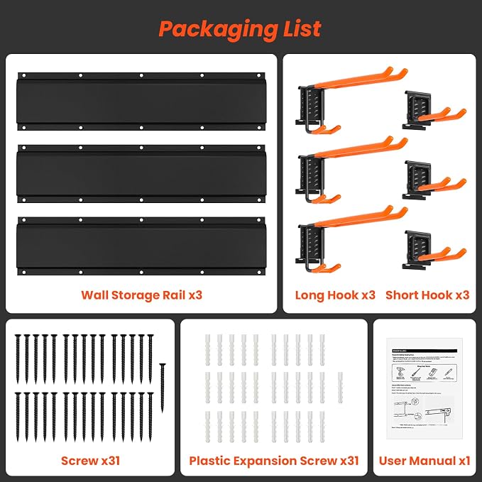 ELECROW Garage Storage Organizer, Wall Mount Rack with 6 Adjustable Hooks, 48 Inches Adjustable Garden Tool Organization, Heavy Duty for Garden and Yard Tool Storage