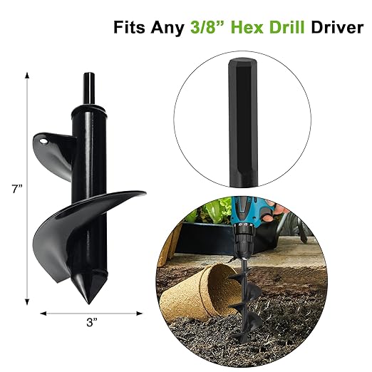 Auger Drill Bit for Planting 3 x 7 Inch, Garden Auger Spiral Bit Bulb Planter Tool Drill Auger for Planting Bulb, Bedding, Post or Umbrella Hole Digger for 3/8" Hex Drive