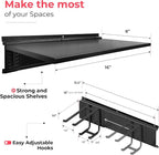 TIDYME Heavy-Duty Garage Wall Storage System | Wall Mounted Tool Organizer Rack with Shelving | 10-Piece Mounting Kit | Includes 4x10” Double-Layered Hooks & 2x16.5” Floating Utility Shelves