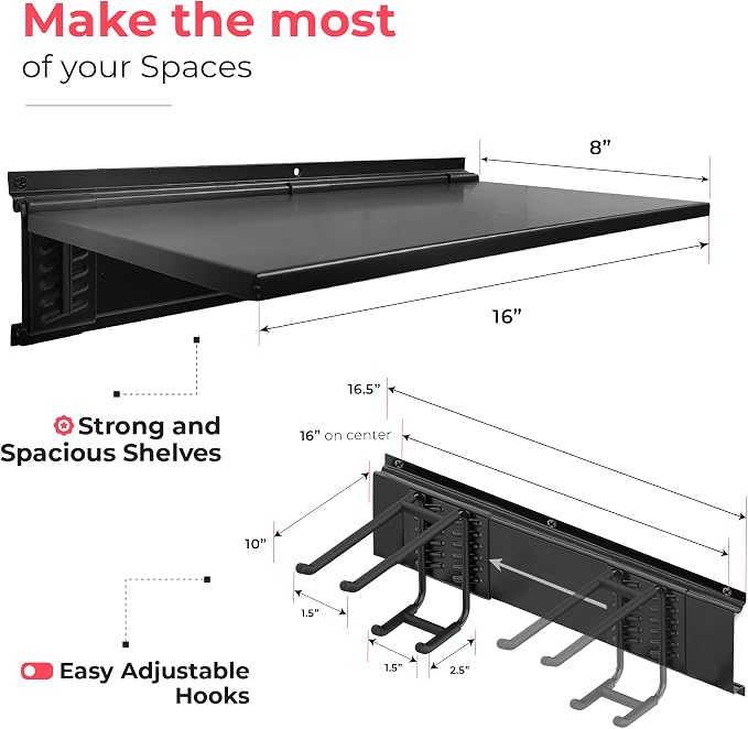 TIDYME Heavy-Duty Garage Wall Storage System | Wall Mounted Tool Organizer Rack with Shelving | 10-Piece Mounting Kit | Includes 4x10” Double-Layered Hooks & 2x16.5” Floating Utility Shelves