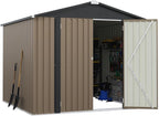 Greesum 8x8FT Outdoor Storage Shed, Utility Tool Shed with Sloping Roof, Metal Storaged Garden Shed with Door & Lock for Patio Storage, Brown
