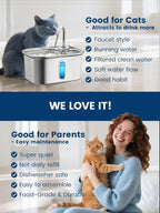 Cat Water Fountain Stainless Steel for Cats Indoor 2.5L 85oz by BPA-Free SUS304, Effective 6-Layer Filter Cat Fountain for Drinking 20dB Ultra Quiet & Soft Flow Metal Pet Water Fountain