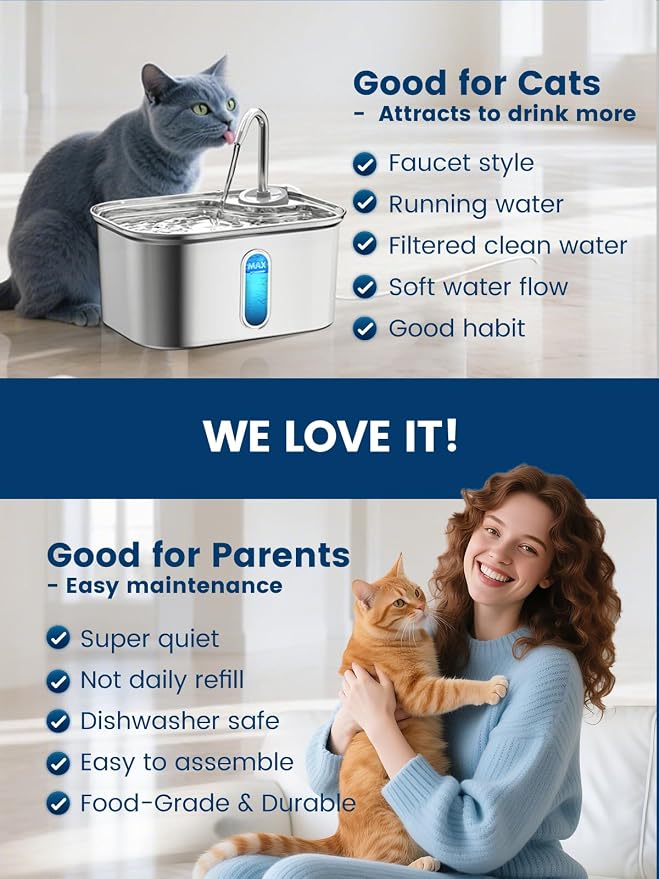 Cat Water Fountain Stainless Steel for Cats Indoor 2.5L 85oz by BPA-Free SUS304, Effective 6-Layer Filter Cat Fountain for Drinking 20dB Ultra Quiet & Soft Flow Metal Pet Water Fountain