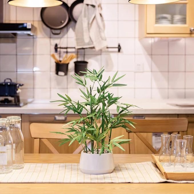 365 Blooming Decor 18 inch Tall White Potted Artificial Bamboo Plant- Luxury Artificial Bamboo Tree in White Pot for Home, Office, Kitchen, Counter Top, Indoor Decor, Money Tree, Lucky Tree.