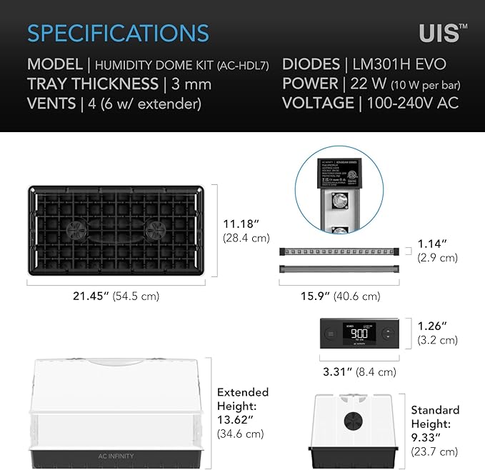 AC Infinity Heavy-Duty Large Humidity Dome w/Full Spectrum LED Grow Light Bars, Samsung LM301H EVO Diodes, 3mm Thickest Dome and 6x12 Trays, Vent Extension Panels, for Seed Starting and Propagation