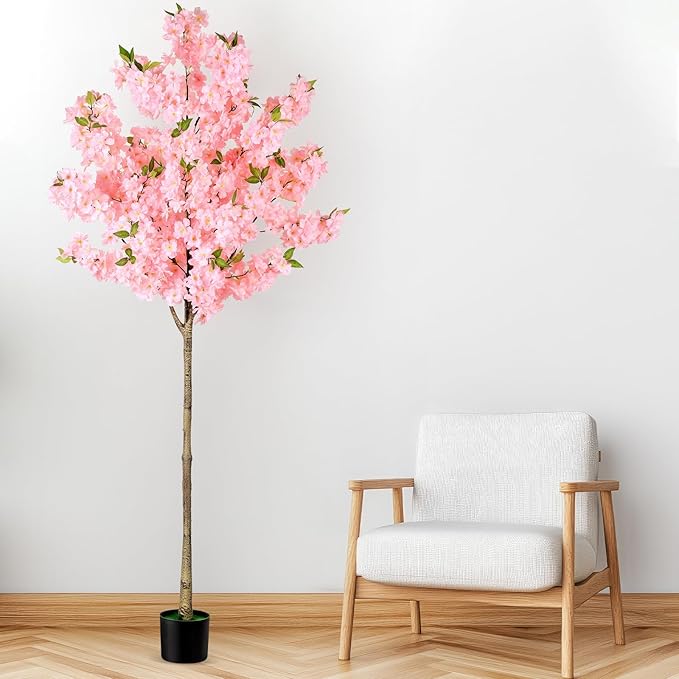 OUSHENG Artificial Cherry Blossom Tree, Fake Plants Indoor Decor, Faux Pink Sakura Flowers for Living Room Home House Entryway Bedroom Office Inside Decorations, 6FT