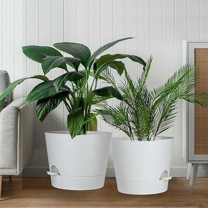 SwinDuck 12inch Large Self Watering Plant Pot, Plastic Cylinder Planter with 60Oz Deep Reservoir and Saucer for Indoor Outdoor Plants Flowers Houseplants, White