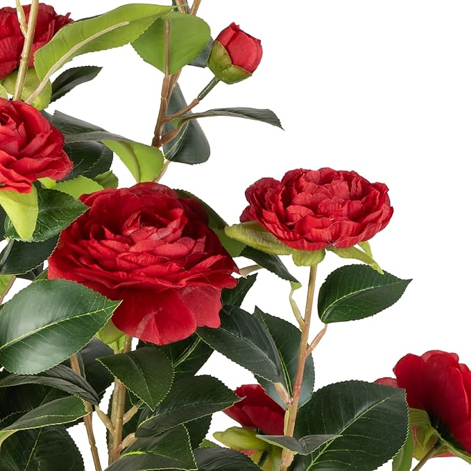 Artificial Camellia Tree 2 Pack - Realistic Camellia Plants in Pot with Red Flowers, Lifelike Faux Greenery for Living Room, Patio, or Wedding, Red