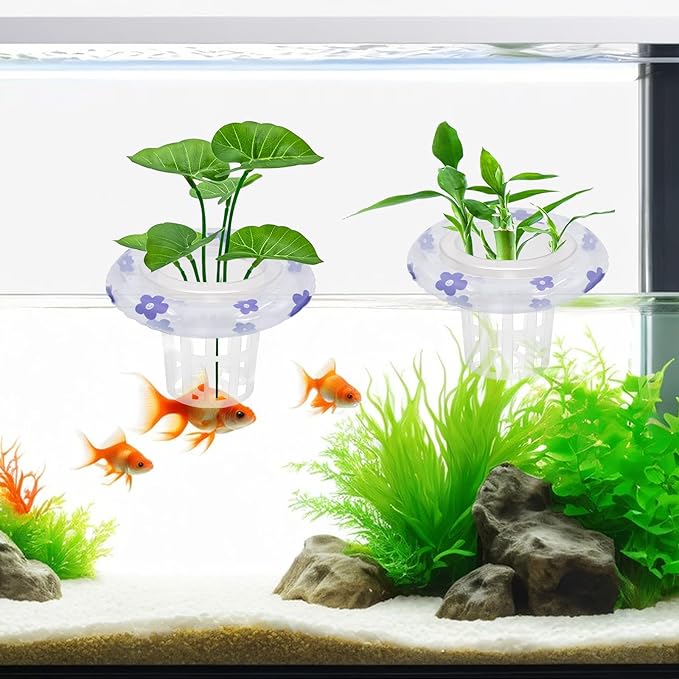 4 PCS Floating Aquarium Plant Holder, Plastic Fish Tank Basket with Floating Rings, Aquatic Pot for Fish Tank Aquaponic Plant Cultivation and Aquascape Decorations