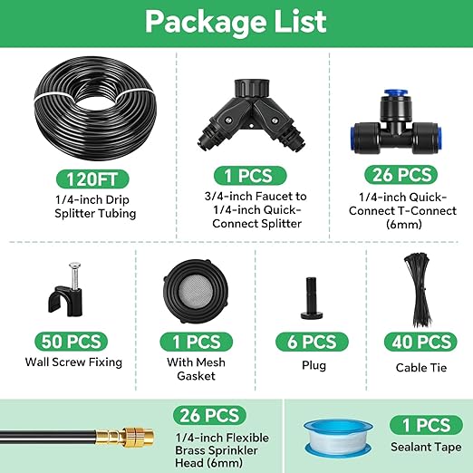 140Ft 1/4" Drip Irrigation System for Garden – 30 Adjustable Copper Nozzles, Automatic Atomizing Sprinkler System for Outdoor Plants Raised Bed, Yard, Potted Plants & Lawn