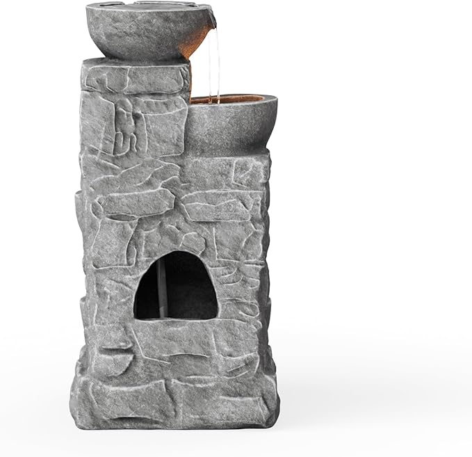 Teamson Home 33" Outdoor Water Fountain with LED Lights, 3-Tier Cascading Bowls, Weather-Resistant Resin Garden Water Feature for Patio, Lawn, and Backyard Decor – Stone Gray