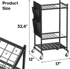Garden Tool Organizer with Wheels, Rolling Yard Tool Tower Rack Carts for Garage Organization with Large Tool Bags with Pockets, Up to 25 Long-Handled Tools/Rakes/Brooms for Shed, Outdoor, Black