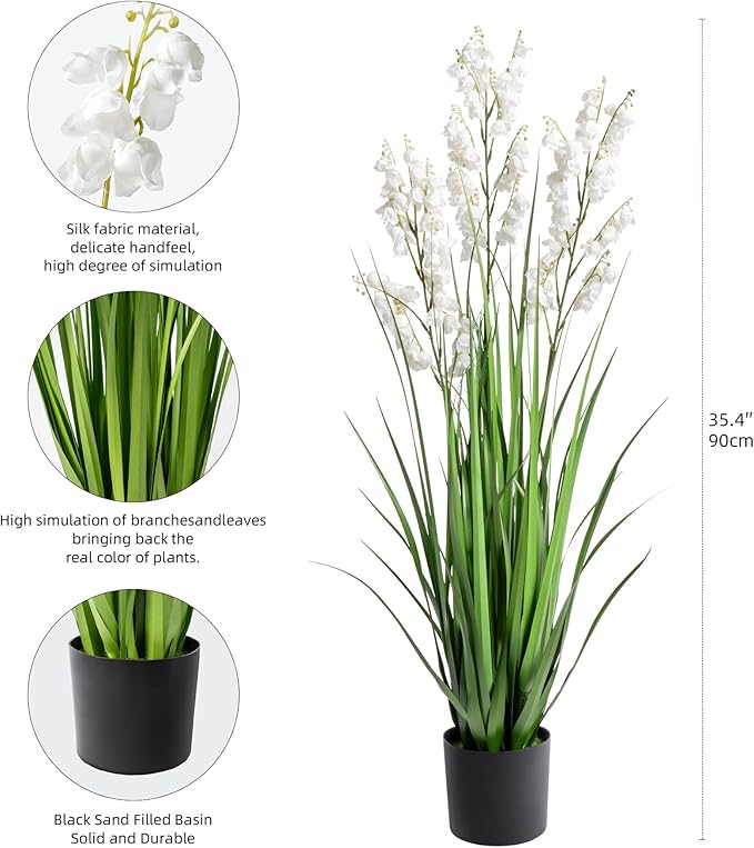 Ttranewsoo Artificial Tall Grass Plants with Pots 36" 1 Pack Lily of The Valley Artificial Grass Home Interior Decorating and Outdoor Garden Decorations(White)