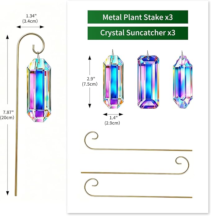 3 Pack Big Crystal Suncatcher Plant Stakes with Golden Trellis – AB Colored Prisms for Indoor Potted Plants, Rainbow Maker Garden Sun Catcher, Window Hanging Crystals for Home Outdoor Decor