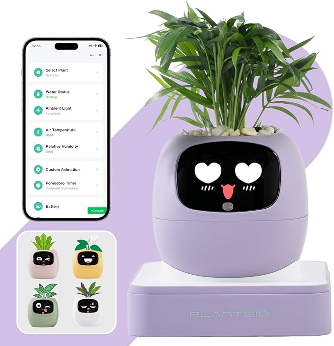 Smart Planter with App Control, Self-Watering AI Plant Pot with LCD Display, Interactive Desk Plant Companion for 100+ Plants, Smart Indoor Planter with Pomodoro Timer,80ml Reservoir,Calendar-Purple