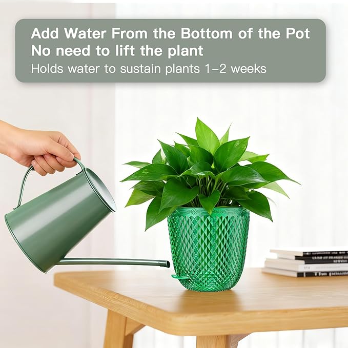 QCQHDU Self Watering Hanging Pots, 2 Pack 7.2 Inch Hanging Planters for Plants Indoor, Flower Pots with Drainage Holes and 3 Hooks Chains for Garden Home (Emerald)