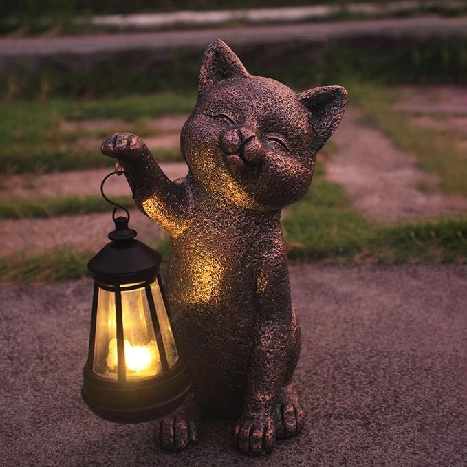 Solar Outdoor Cat Garden Statue,Outside Crafted Garden Sculptures & Statues for Patio, Yard, Lawn, Gardening Gifts for Women and Mom