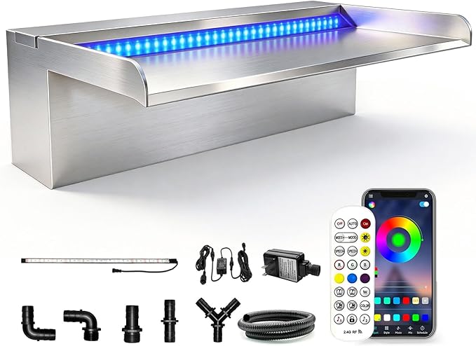 LONGRUN with lid Stainless Steel Waterfall Spillway,APP Control Multi-Color LED Light Outdoor Pool Fountain,Water Spillway Koi Pond Waterfalls Fountains Kit for Garden Patio Swimming Pool-11.8"