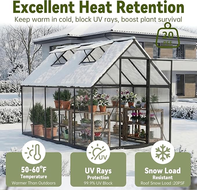 6X10 FT Greenhouse for Outdoors with Hygrometer, Polycarbonate Walk-in Green House for Outside, Reinforced Aluminum Frame Greenhouses, Heavy Duty Garden, Patio, Backyard Flower Planting