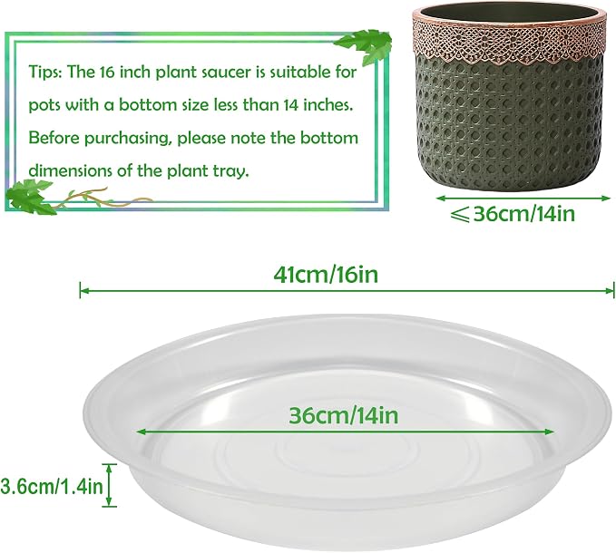 4 Pack 16 Inch Round Plant Saucers for Less 14 Inch Pot Indoors Outdoors Plant Trays for Pots Planter Saucer Plastic Drip Tray Planter Water Tray (Clear, 16"(4pcs))