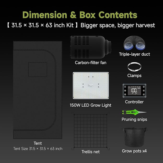 3x3 ft Grow Tent Complete Kit, All-in-One Fan with Activated Carbon Filter, 150W Full Spectrum LED Grow Light, 32"x32"x63" High-Reflective 1680D Diamond Mylar Tent and Smart Controller-1