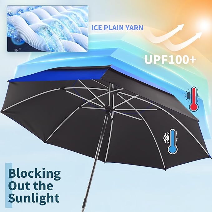 48.6" Double Canopy Beach Umbrella with Clamp, UPF50+ Beach Chair Umbrella with clip, 360°Adjustable Portable Outdoor Wheelchair, Patio, Golf Carts,Camping(Blue/Black)