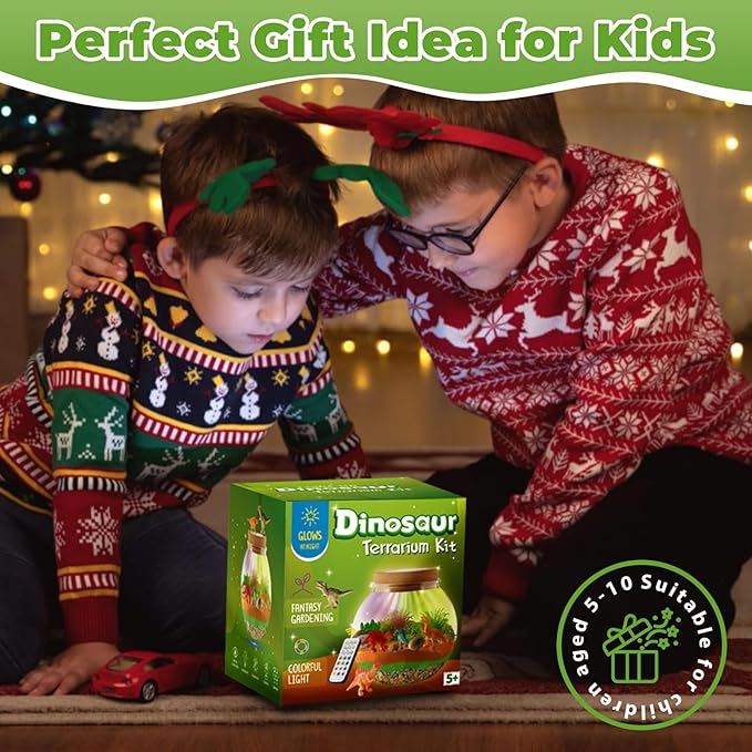 JOYEEMAX Dinosaur Light-Up Terrarium Kit for Kids - LED Night Light Birthday Gift for Boys Ages 4 5 6 7 8-12 Year Old - Dinosaur Toys for Boys - DIY Arts and Crafts Kit for Kids
