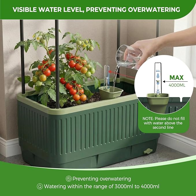 MQUPIN Raised Garden Bed Tomato Planter with Trellis, Self Watering Tomato Planter with Water Level Indicator, Larger Rectangular Tomato Cages for Indoor & Outdoor Climbing Vegetable and Plants (1)