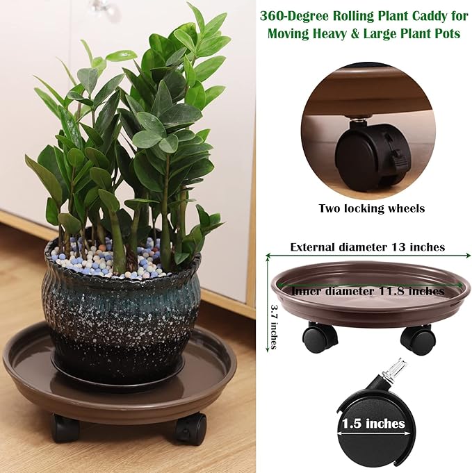 12 Packs Plant Caddy with Wheels 11.8" Plastic Rolling Plant Dolly Coasters Heavy-duty Wheeled Planter Mover Rollers Indoor Outdoor Wheeled Flower Pot Base Suacers with Casters, Brown