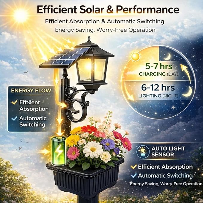 2-in-1 Solar Post Light with Planter for Real Or Fake Flowers, 2026 New Solar Lamp Post - Wall Mount Or Freestanding, 3000K Solar Lamps Outdoor Waterproof, for Lawn, Patio, Front/Back Door